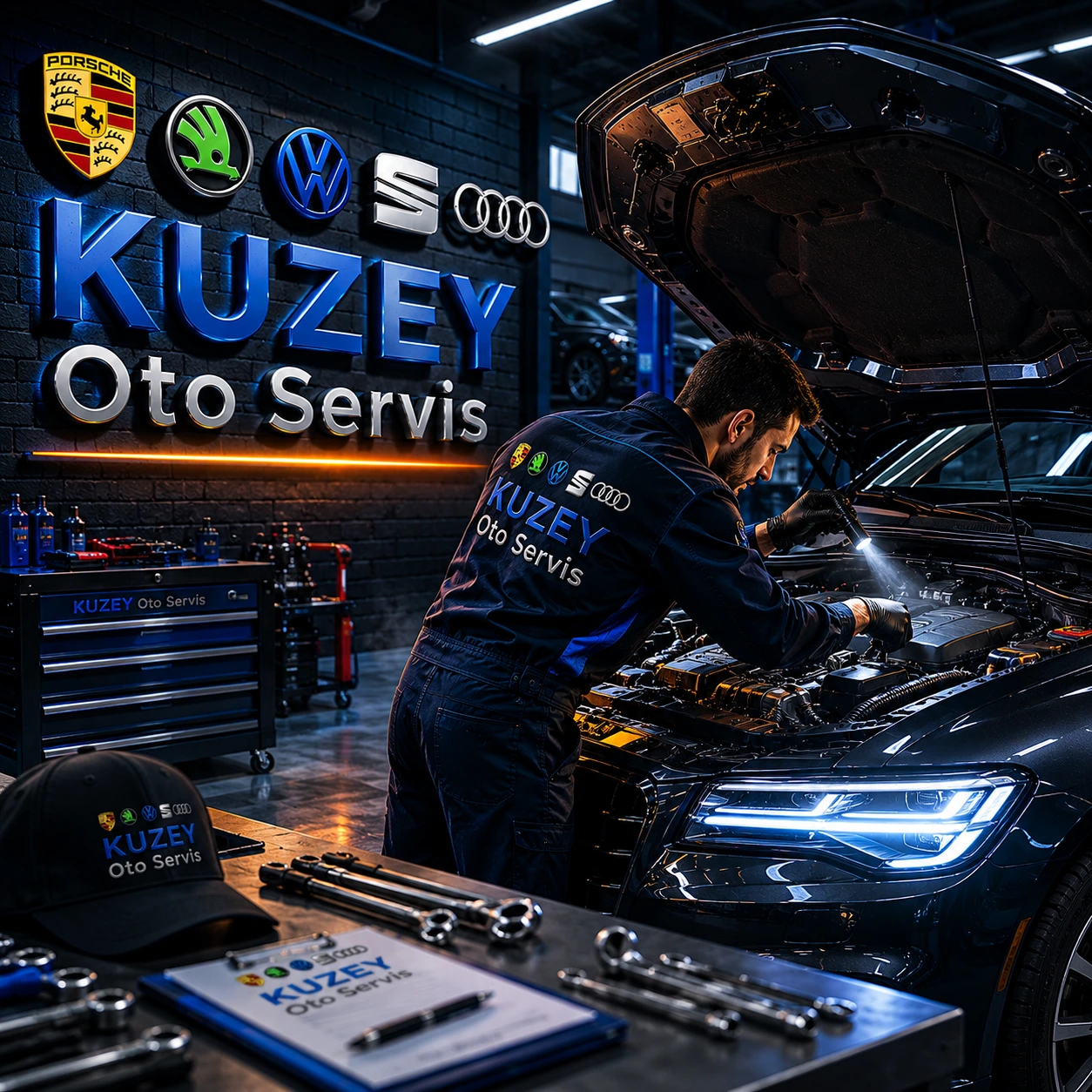 Kuzey Oto Servis teknisyeni BMW araca müdahale ederken